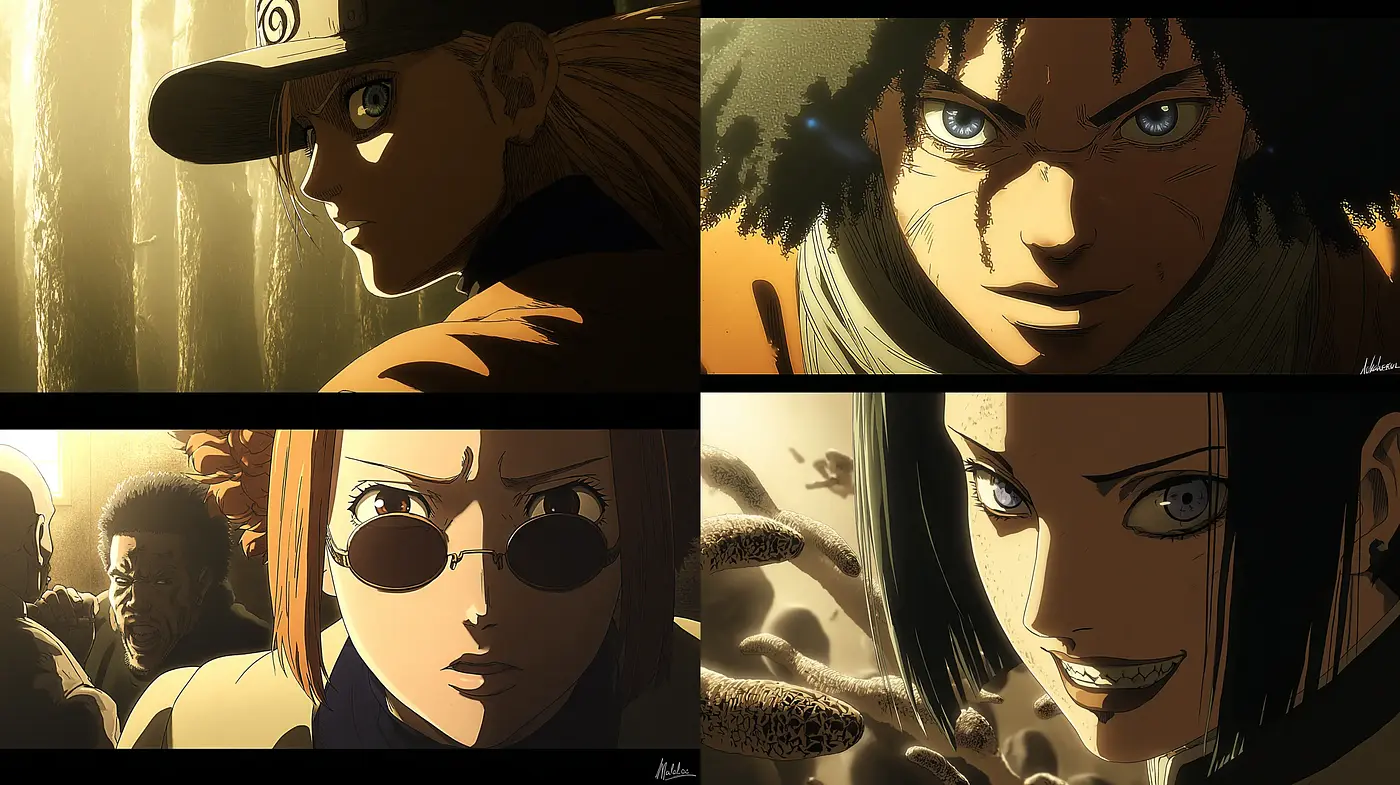 Dynamic and Intense Anime Character Portraits with Dramatic Lighting - Midjourney sref style