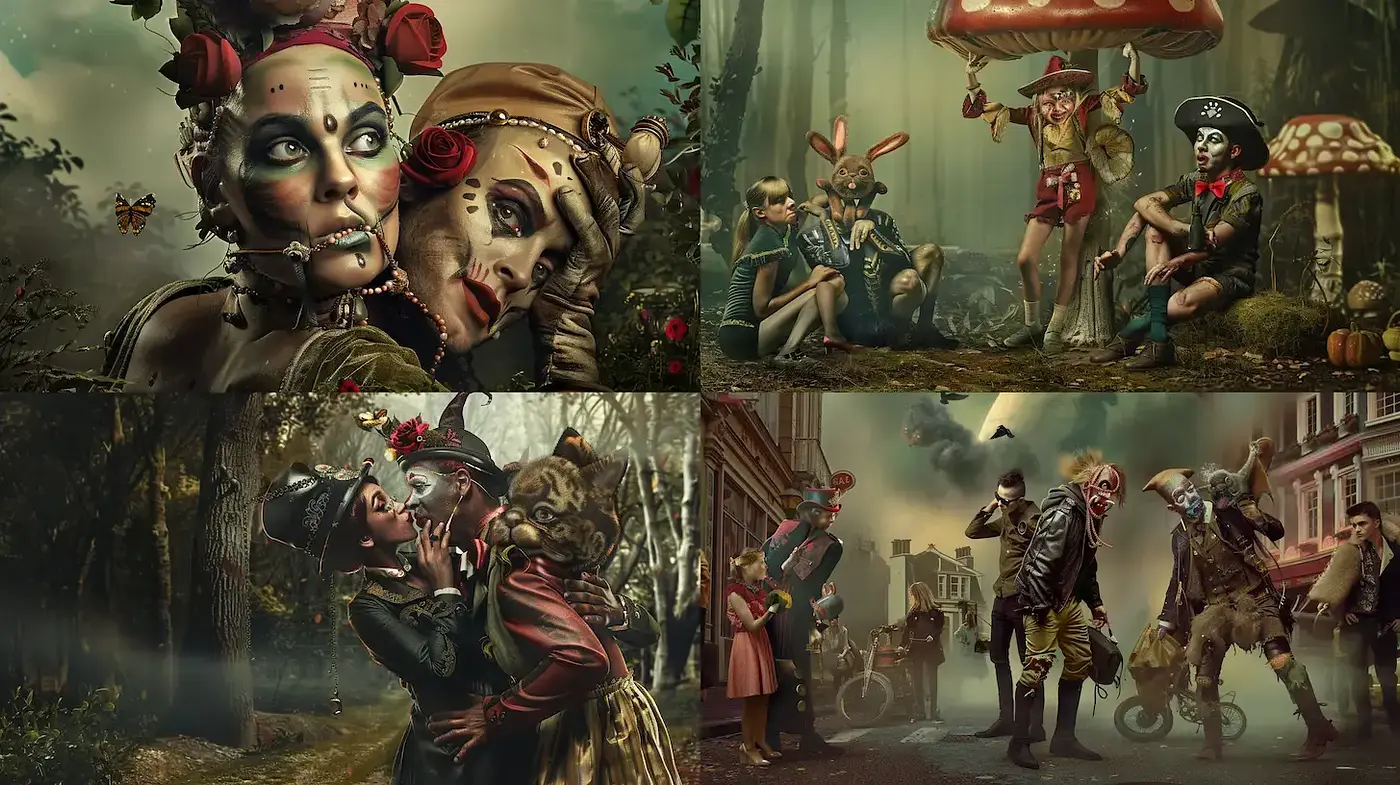 Stylized Surrealism with Whimsical Elements and Dark Undertones - Midjourney sref style