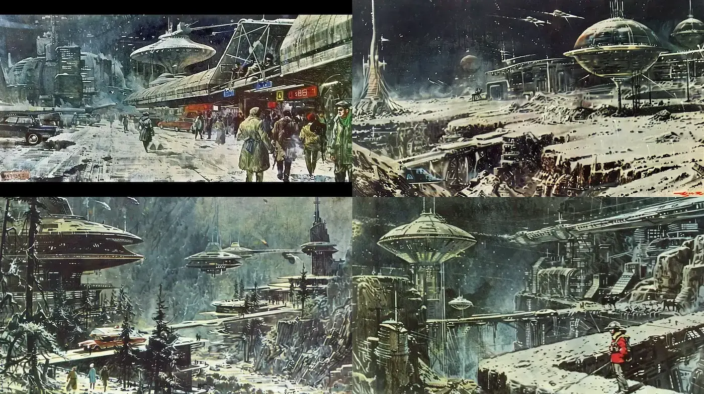 Futuristic Urban Landscapes with a Retro Aesthetic - Midjourney sref style