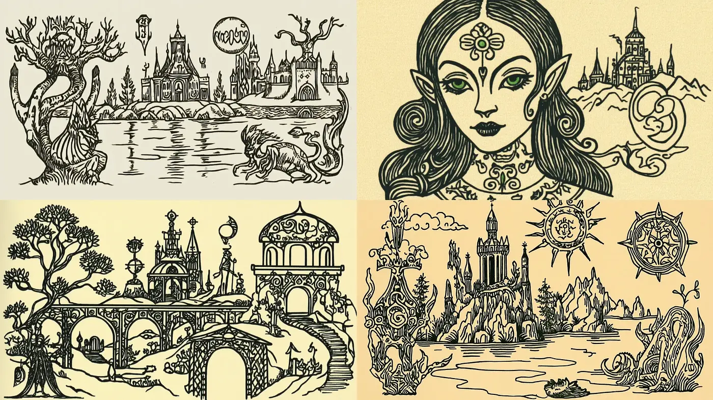 Enchanting Inkwork of Fantastical Lands and Beings - Midjourney sref style