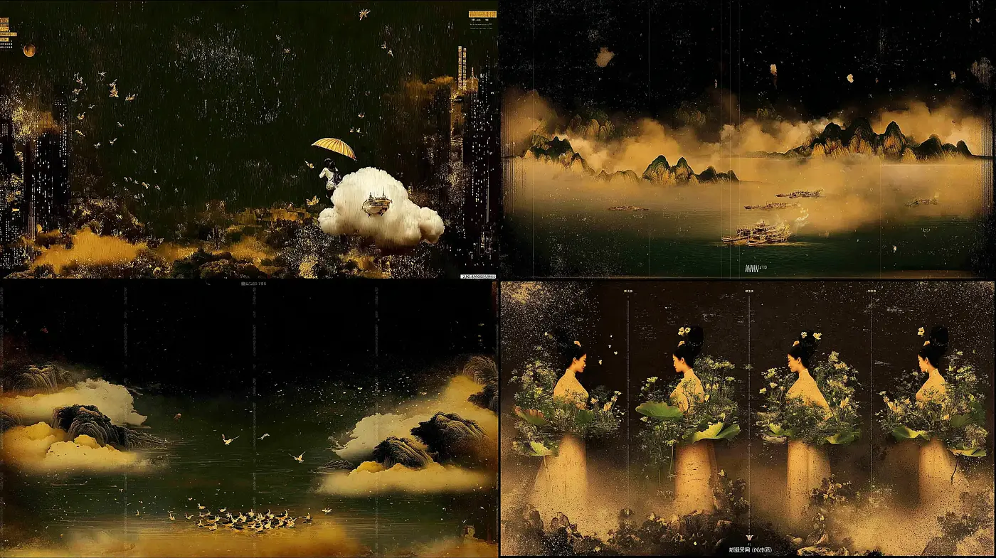 Ethereal landscapes with a blend of traditional and contemporary elements - Midjourney sref style