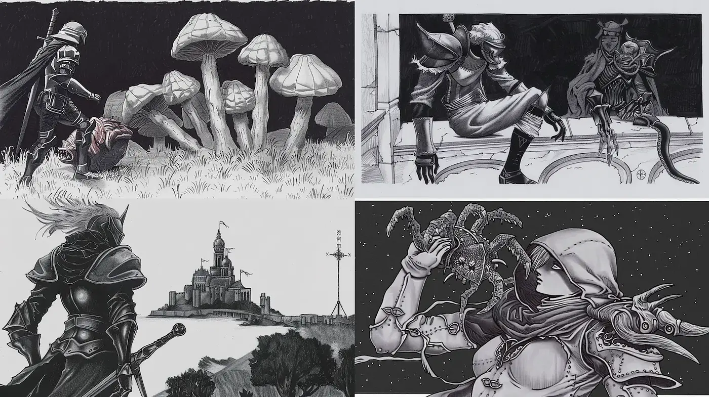 Dark fantasy illustrations with intricate line work and a moody aesthetic - Midjourney sref style