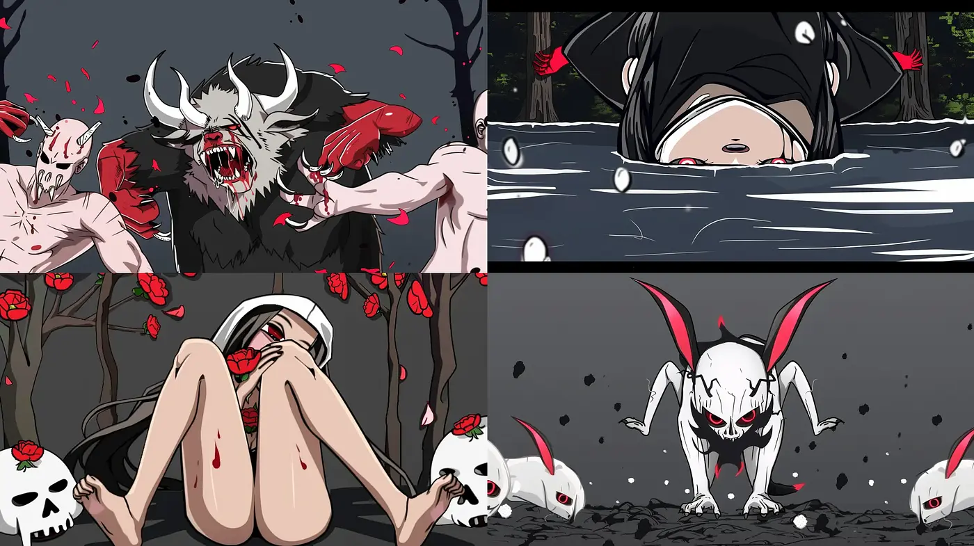 Grim Monochrome Tales with Crimson Highlights - Midjourney sref style