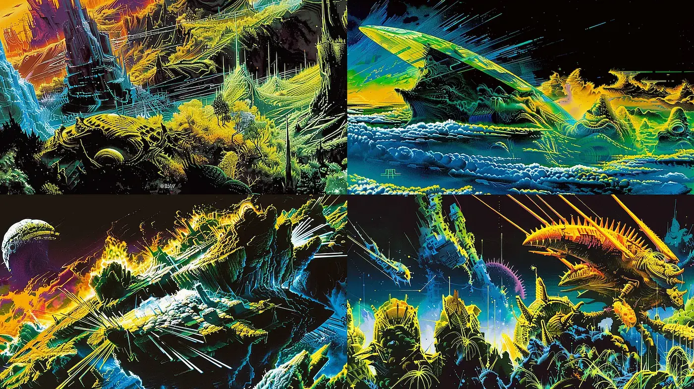 Vibrant Neon Sci-Fi Landscapes with Futuristic Elements - Midjourney sref style