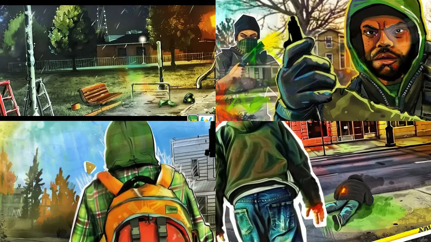 Dynamic urban storytelling with a gritty, comic-inspired aesthetic - Midjourney sref style