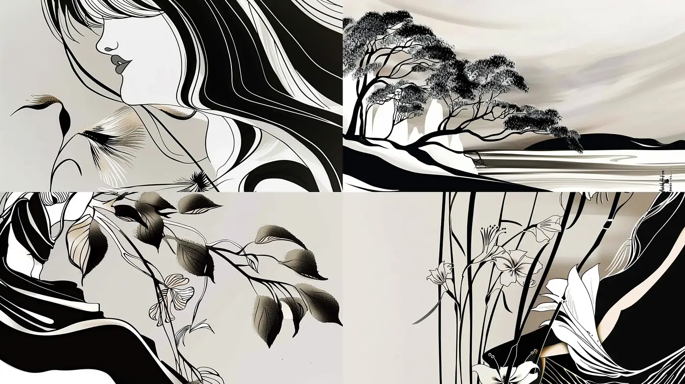 Monochromatic Elegance in Fluid Contour Lines - Midjourney sref style