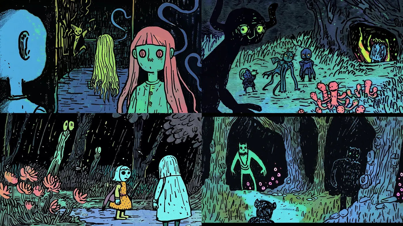 Enigmatic Nocturnal Dreamscape: A Fusion of Surrealism and Comic Book Artistry - Midjourney sref style