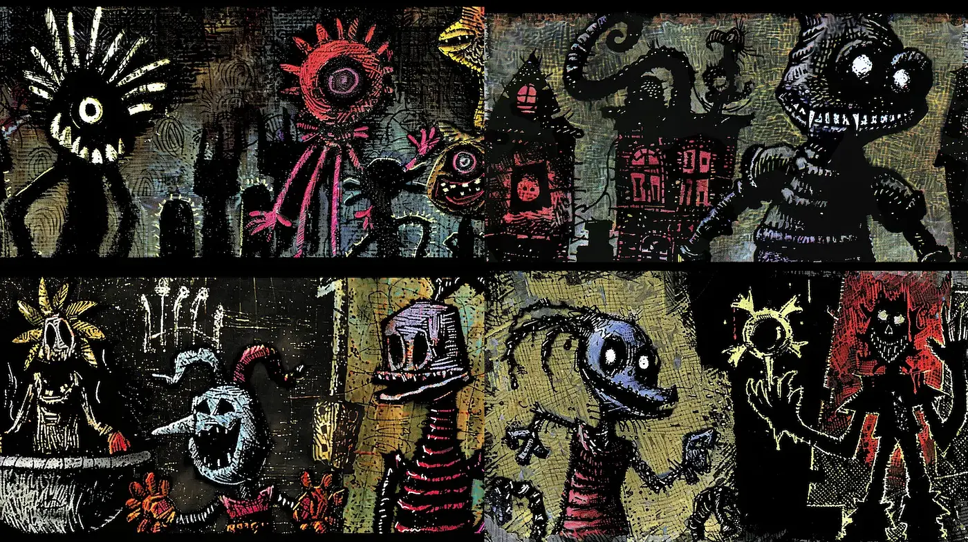 Dark, whimsical illustrations with an alternative artistic flair - Midjourney sref style