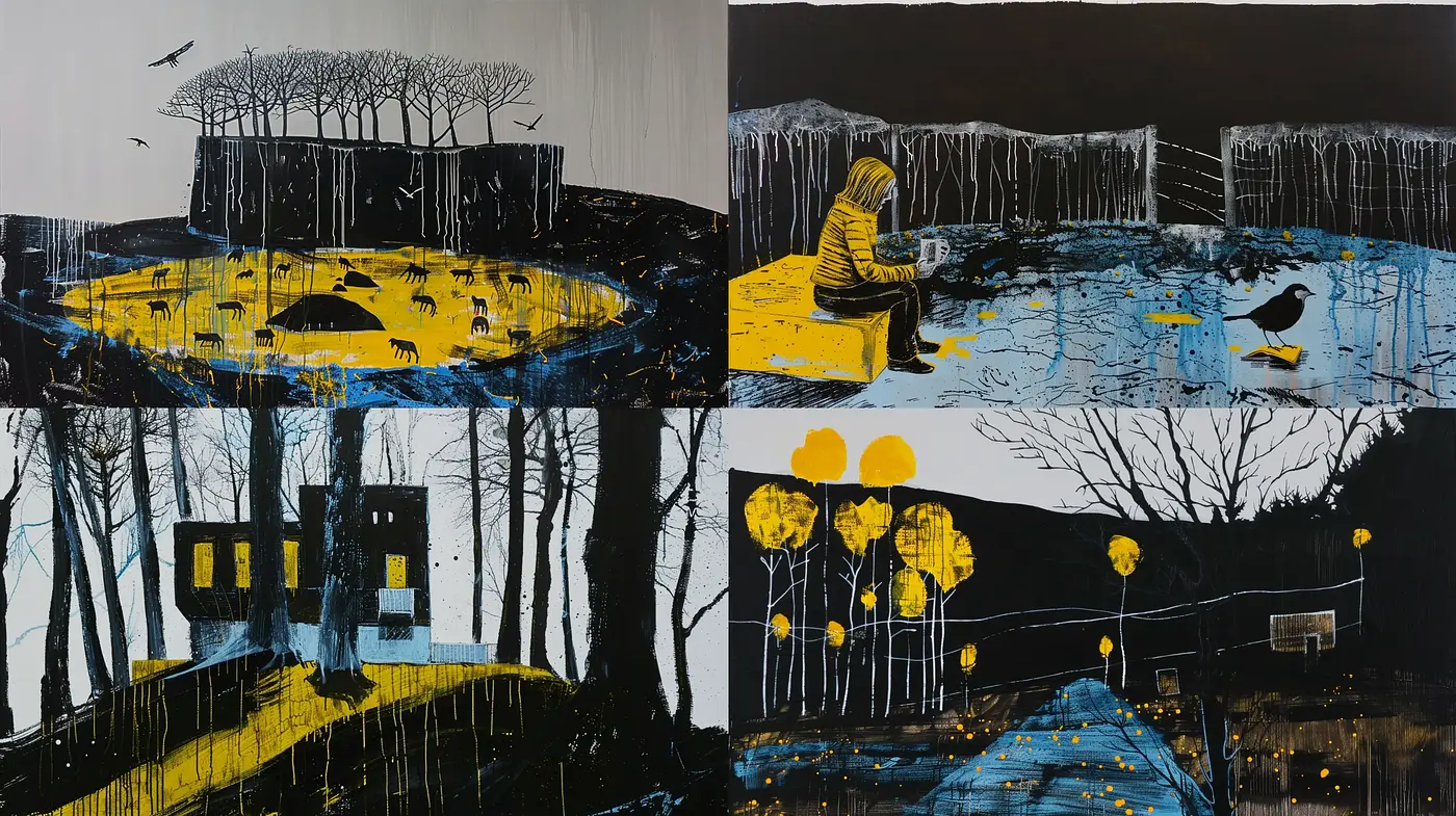 Stark Contrast Nightscapes with a Glimmer of Ghostly Yellow - Midjourney sref style