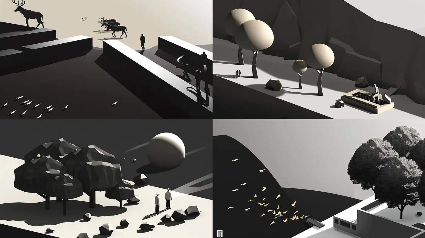 Monochromatic Minimalist Scenes with Abstract Geometric Forms - Midjourney sref style