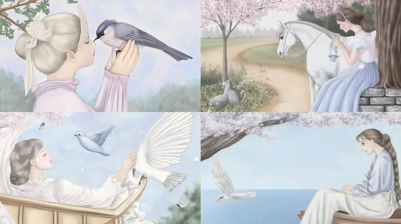 Ethereal Pastel Dreamscape with Serene Human-Bird Interactions - Midjourney sref style