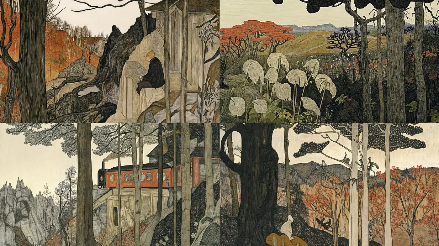 Sylvan Elegance: A Homage to Art Nouveau Landscapes - Midjourney sref style