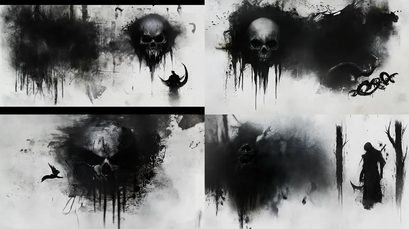 Monochrome Shadows: A Haunting Fusion of Ink Wash and Grunge - Midjourney sref style