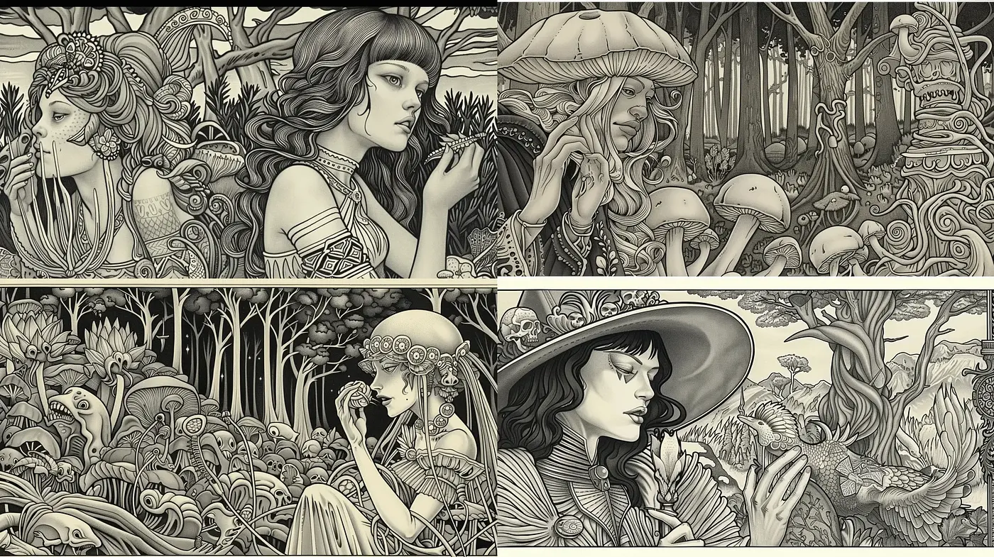 Monochromatic Enchanted Forest Art Nouveau Fusion - Midjourney sref style