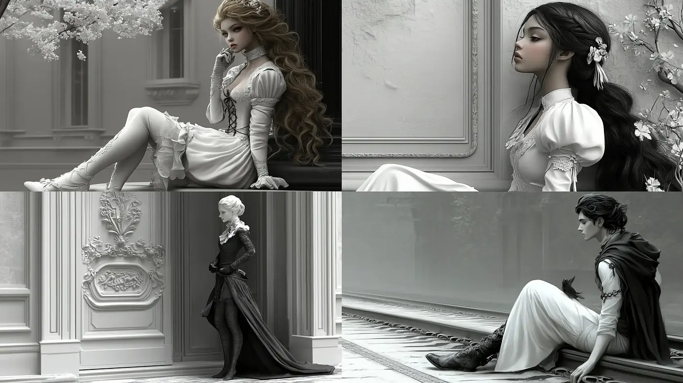 Monochromatic Elegance: A Study in Grayscale Textures and Neo-Classical Forms - Midjourney sref style