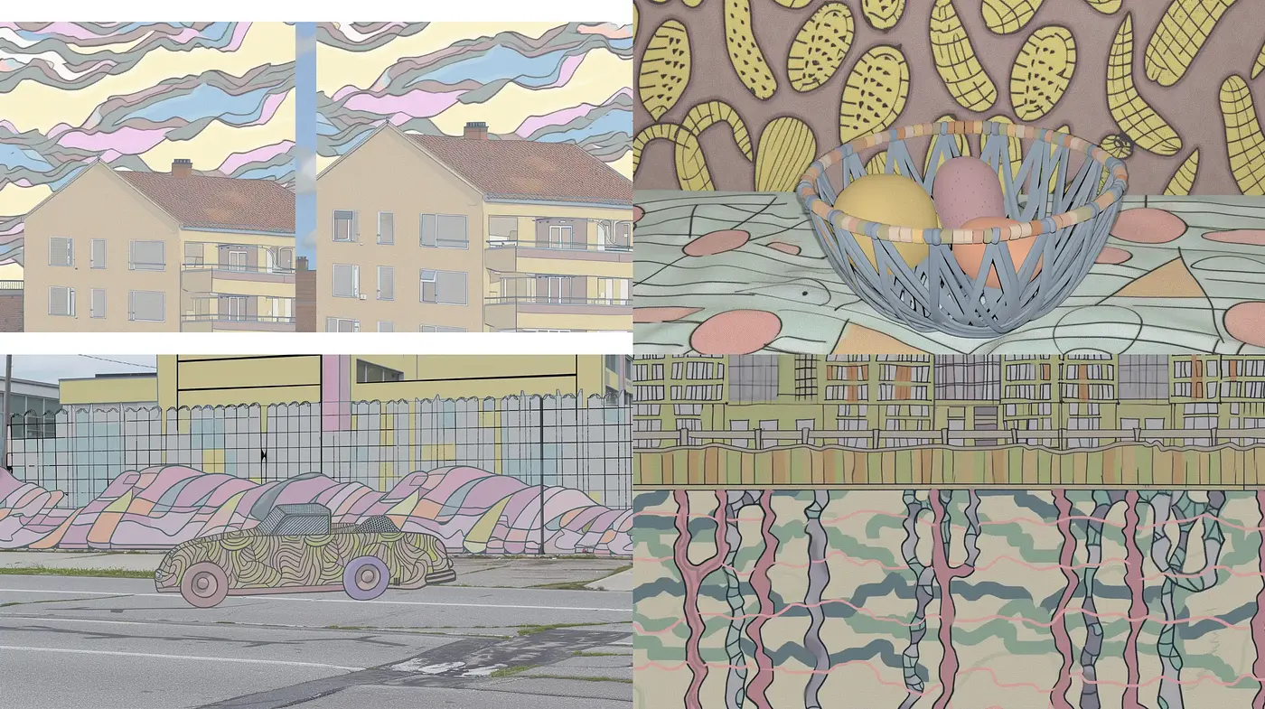 Surreal Suburban Dreamscapes with Pastel Tones and Organic Patterns - Midjourney sref style
