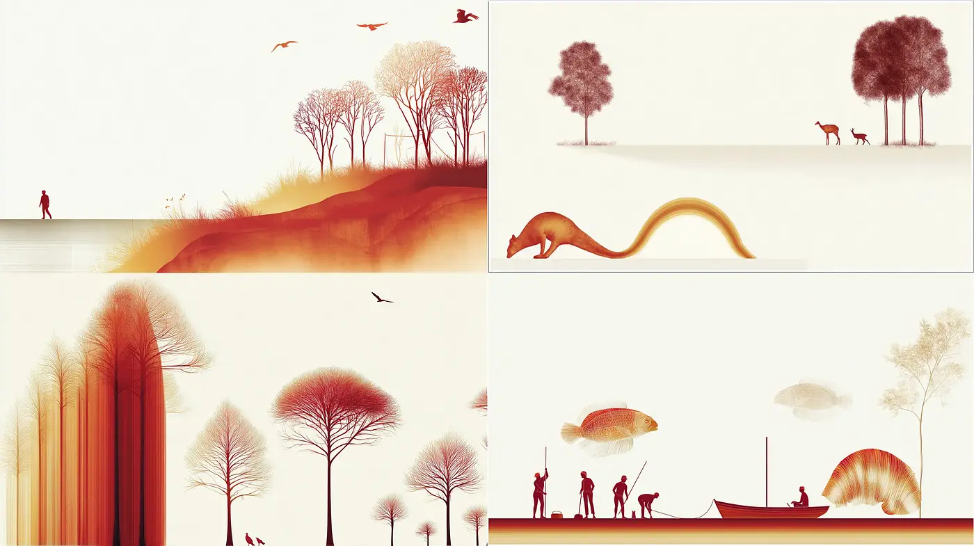 Minimalist Illustrations with Warm Tones and Organic Shapes - Midjourney sref style