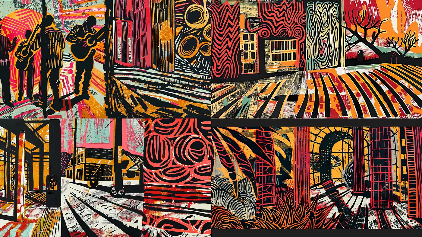 Vibrant Abstract Expressionist Fusion with Urban Touch - Midjourney sref style