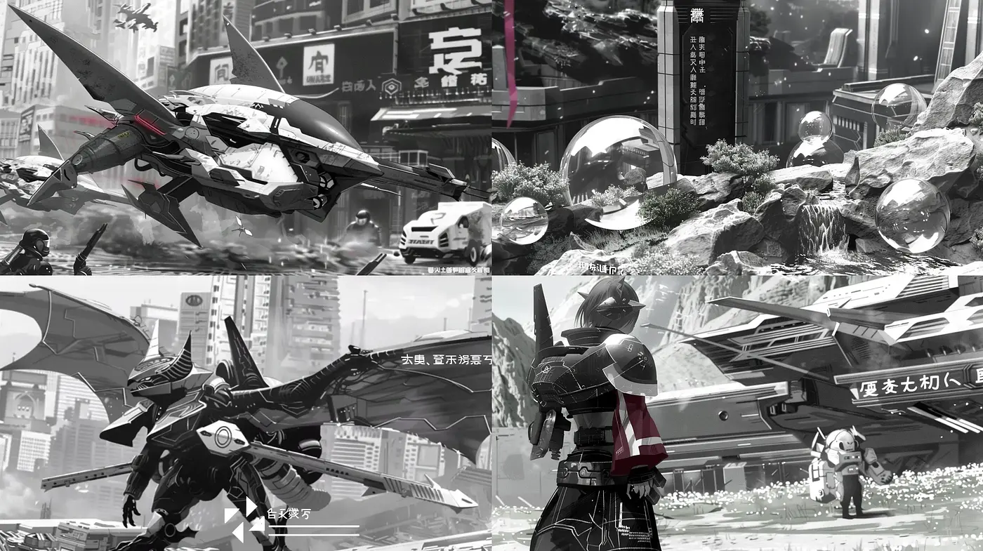 Monochromatic Dystopian Future with Mecha-Esque Detailing - Midjourney sref style