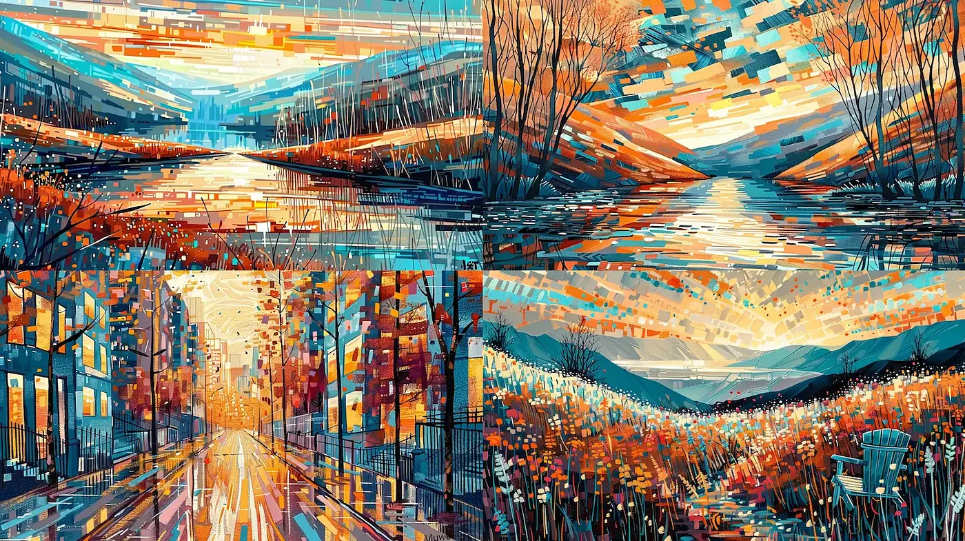 Vibrant and textured landscapes rich in warm hues and abstract forms - Midjourney sref style