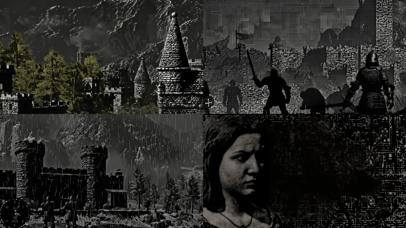 Monochromatic Medieval Mosaic: A Tapestry of Textured Shadows and Light - Midjourney sref style