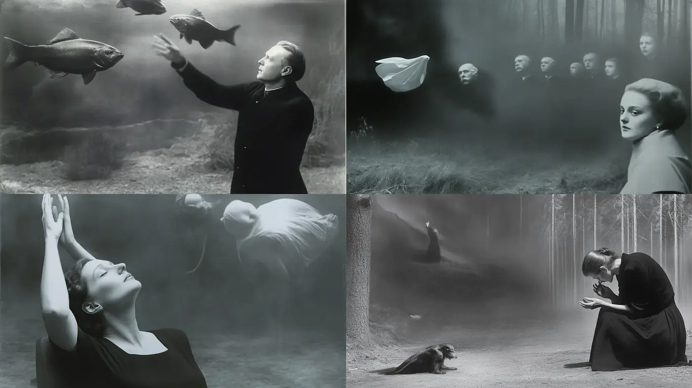 Ethereal Dreamscape with Surreal Monochrome Imagery - Midjourney sref style
