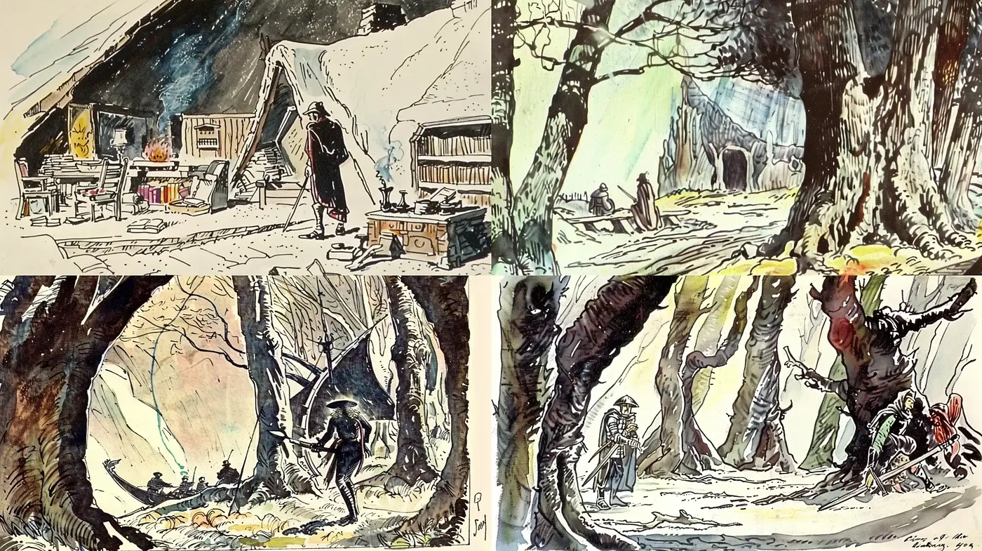 Enigmatic Ink-Washed Forest Scenes With Evocative Ambiance - Midjourney sref style