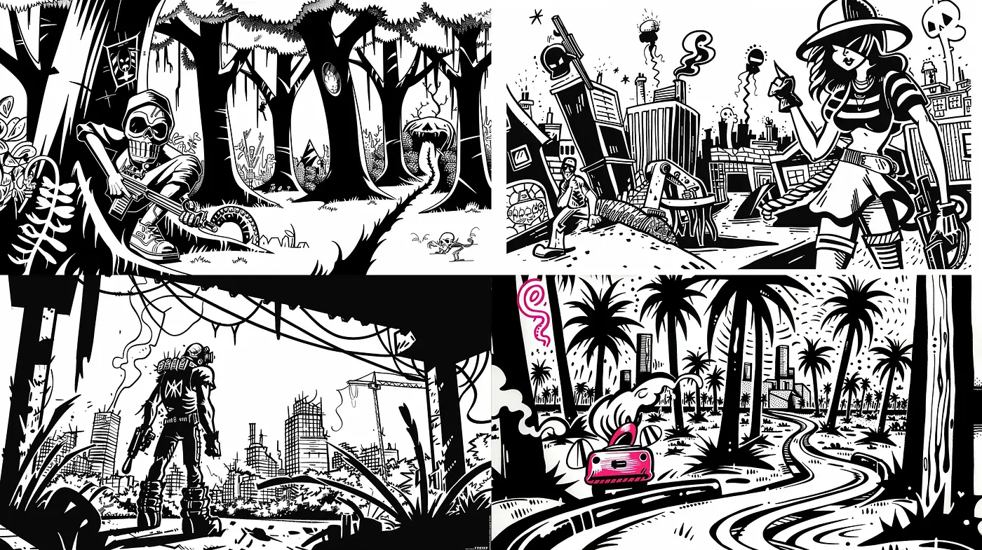 Monochromatic Dynamism: A Fusion of High-Contrast Inking with Expressive Line Work - Midjourney sref style