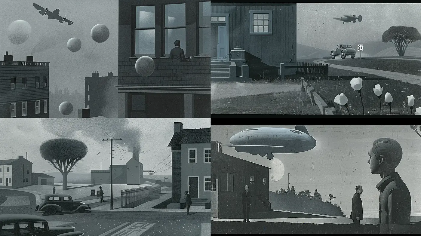 Monochromatic Nostalgia in Atmospheric Sci-fi Vignettes - Midjourney sref style