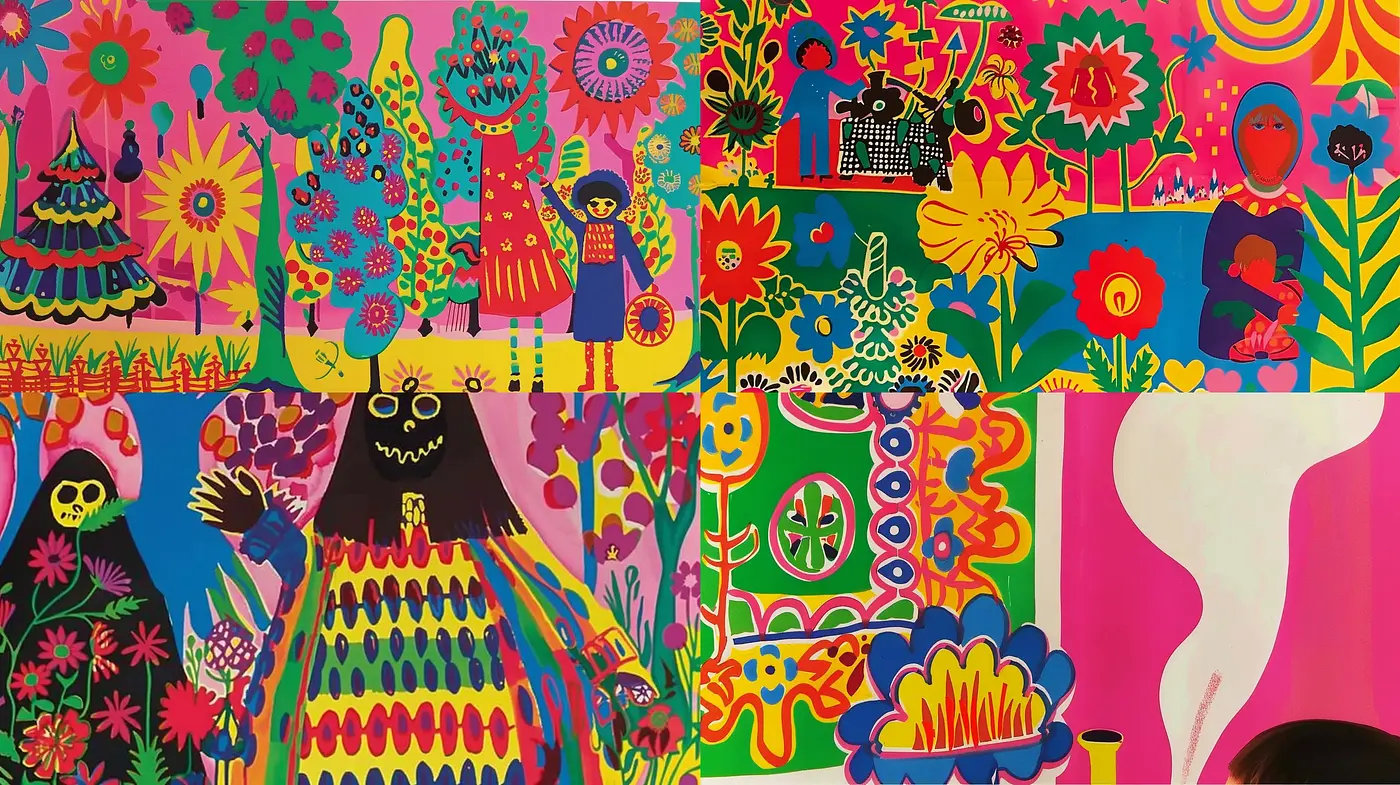 Vibrant Patchwork of Folkloric Whimsy - Midjourney sref style