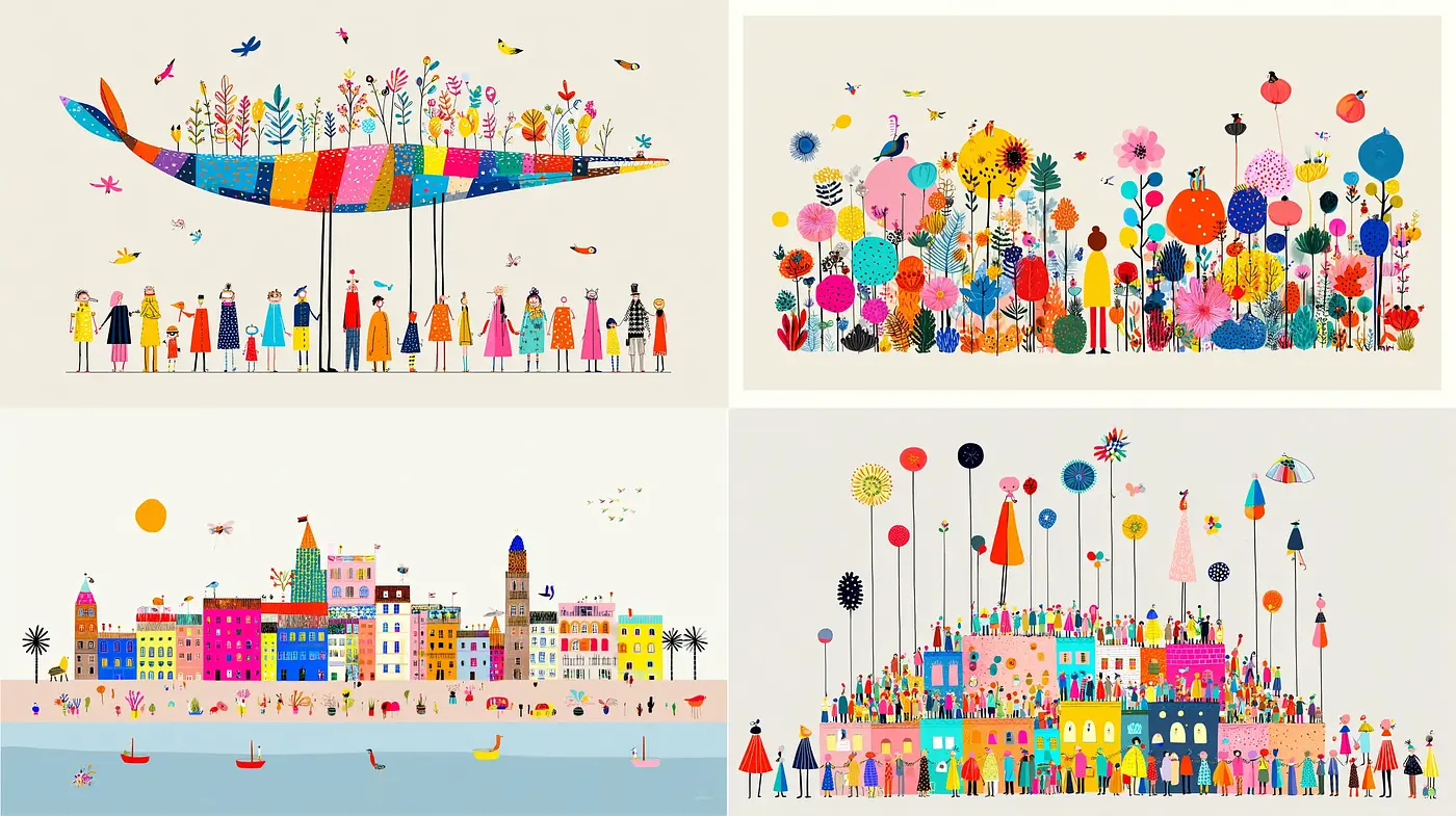 Vibrant Whimsical Art with a Community Spirit and Nature Elements - Midjourney sref style
