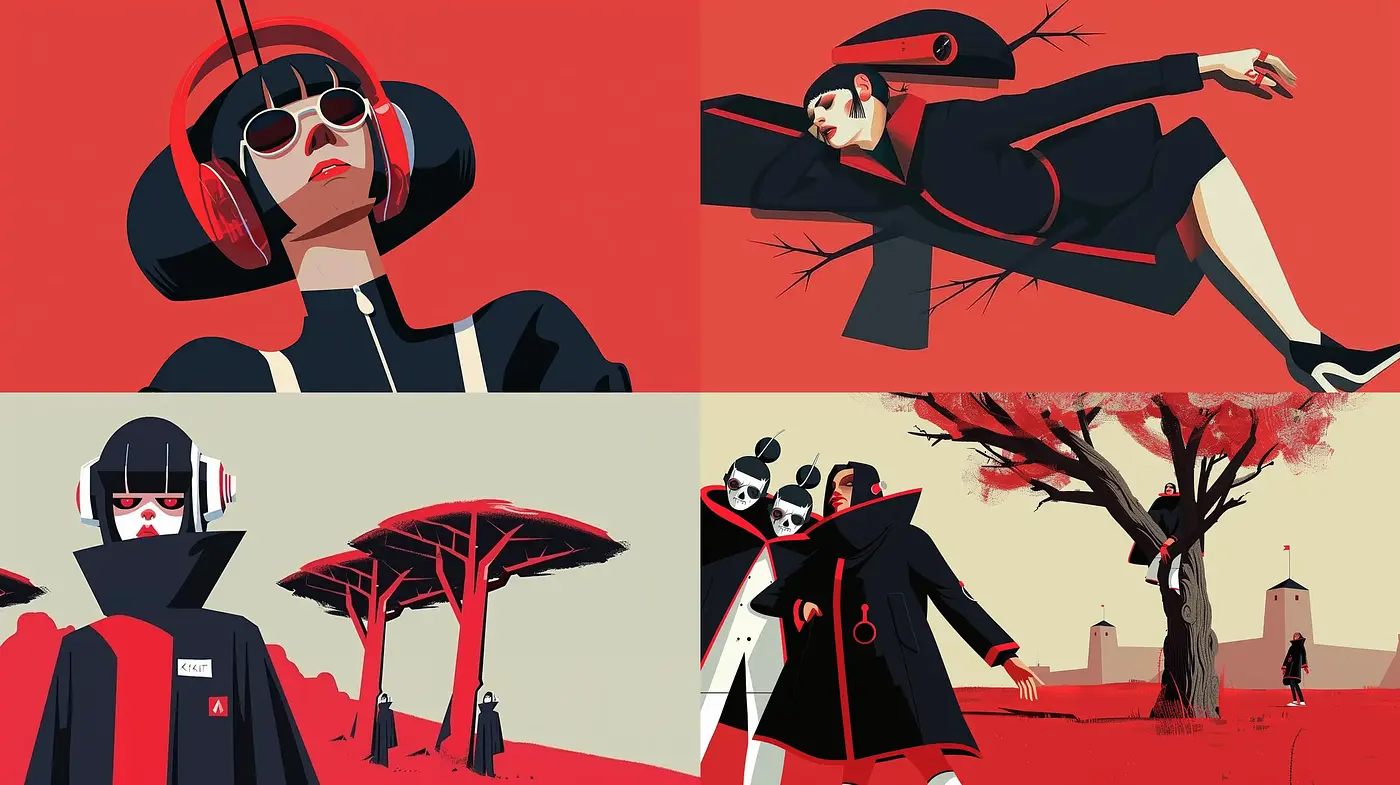 Stylized Red-Black Contrasted Futurism With a Vintage Twist - Midjourney sref style