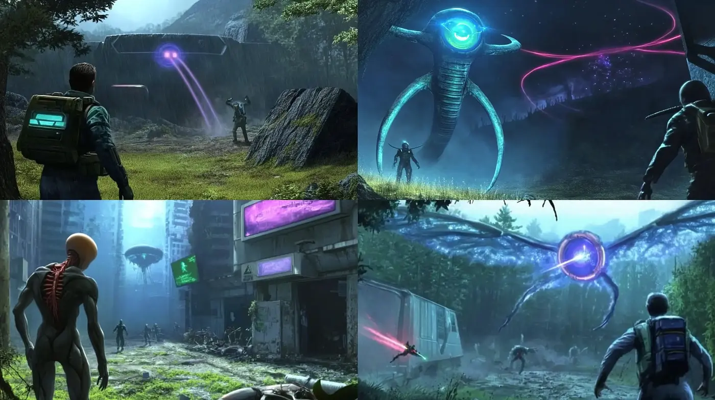 Futuristic Extraterrestrial Encounter in Lush Environments - Midjourney sref style