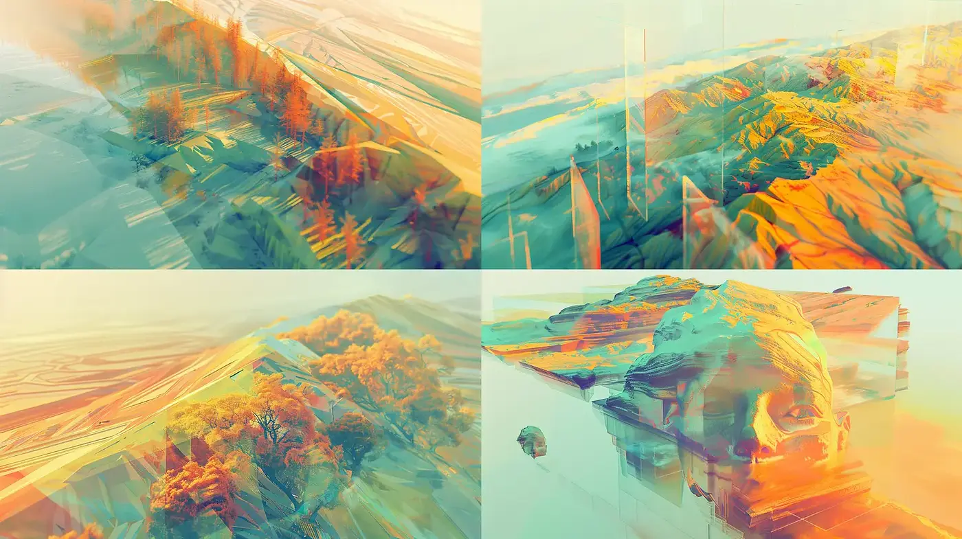 Whimsical Landscapes with a Dreamlike Quality and Abstract Forms - Midjourney sref style