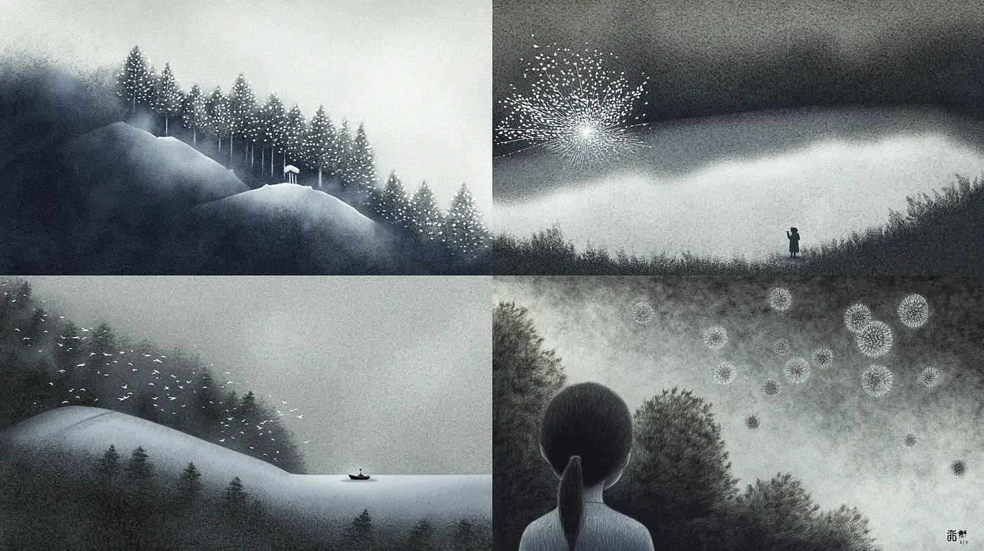 Monochromatic Dreamscape in Ethereal Noir - Midjourney sref style