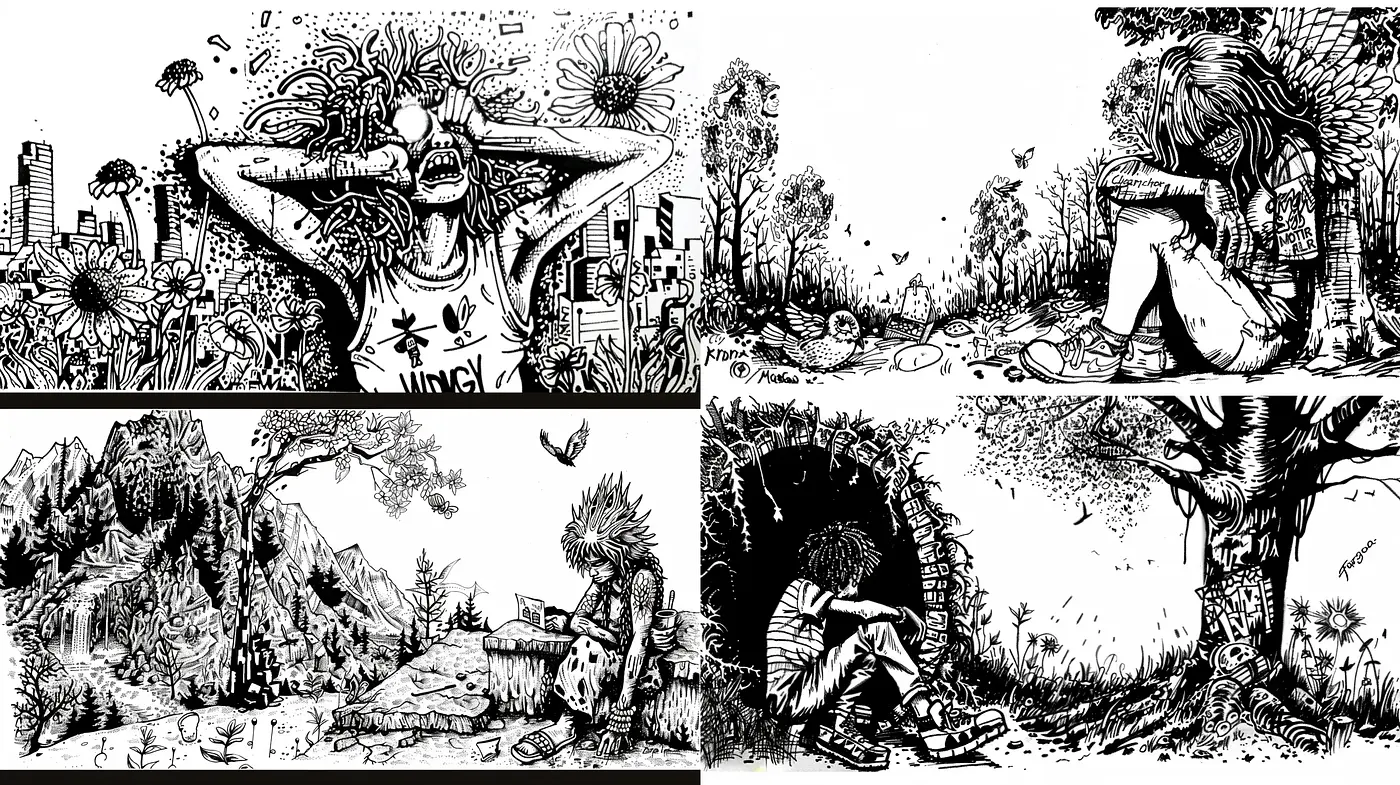 Intricate Monochromatic Pen-and-Ink Narrative Vignettes - Midjourney sref style
