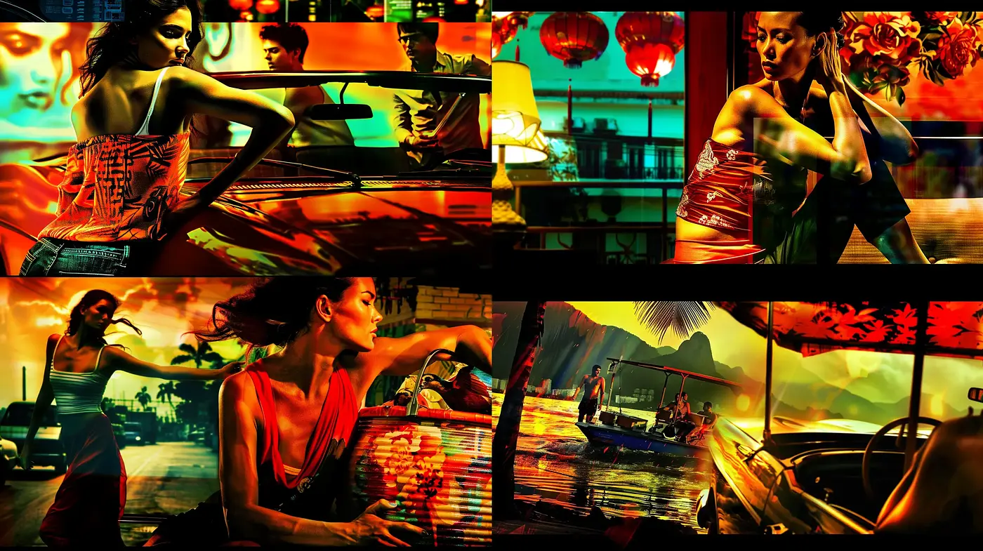 Neon-Noir Cinematic Stylization with a Cyberpunk Undertone - Midjourney sref style