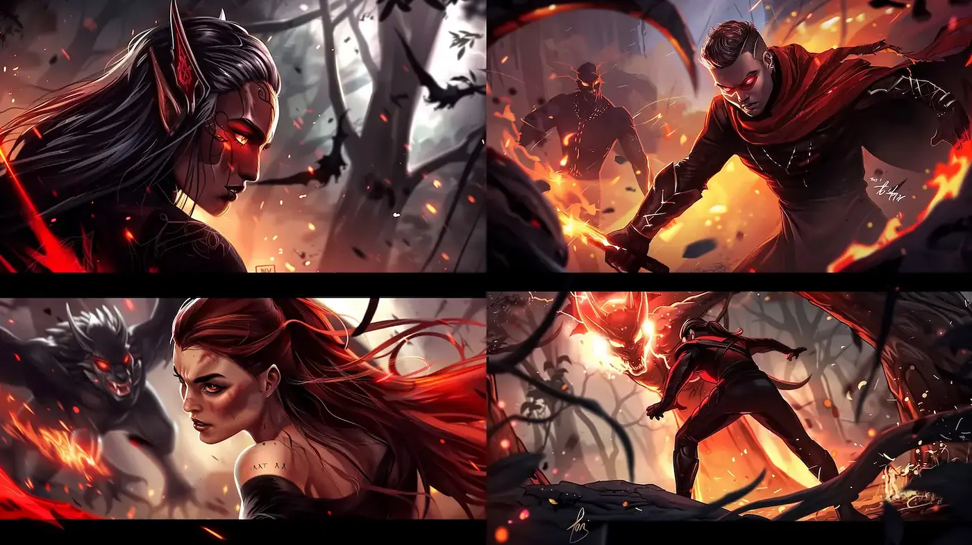 Dynamic and Intense Dark Fantasy with Fiery Accents - Midjourney sref style