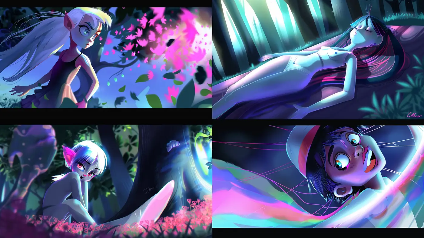 Luminous Anime Dreamscape in Vivid Contrast - Midjourney sref style