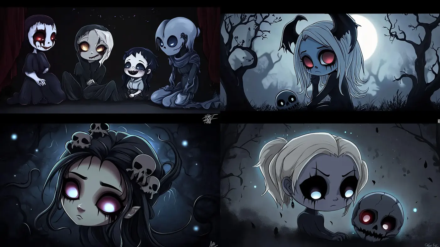 Gothic Whimsy in Twilight Tones: A Homage to Tim Burton's Stylized Darkness - Midjourney sref style