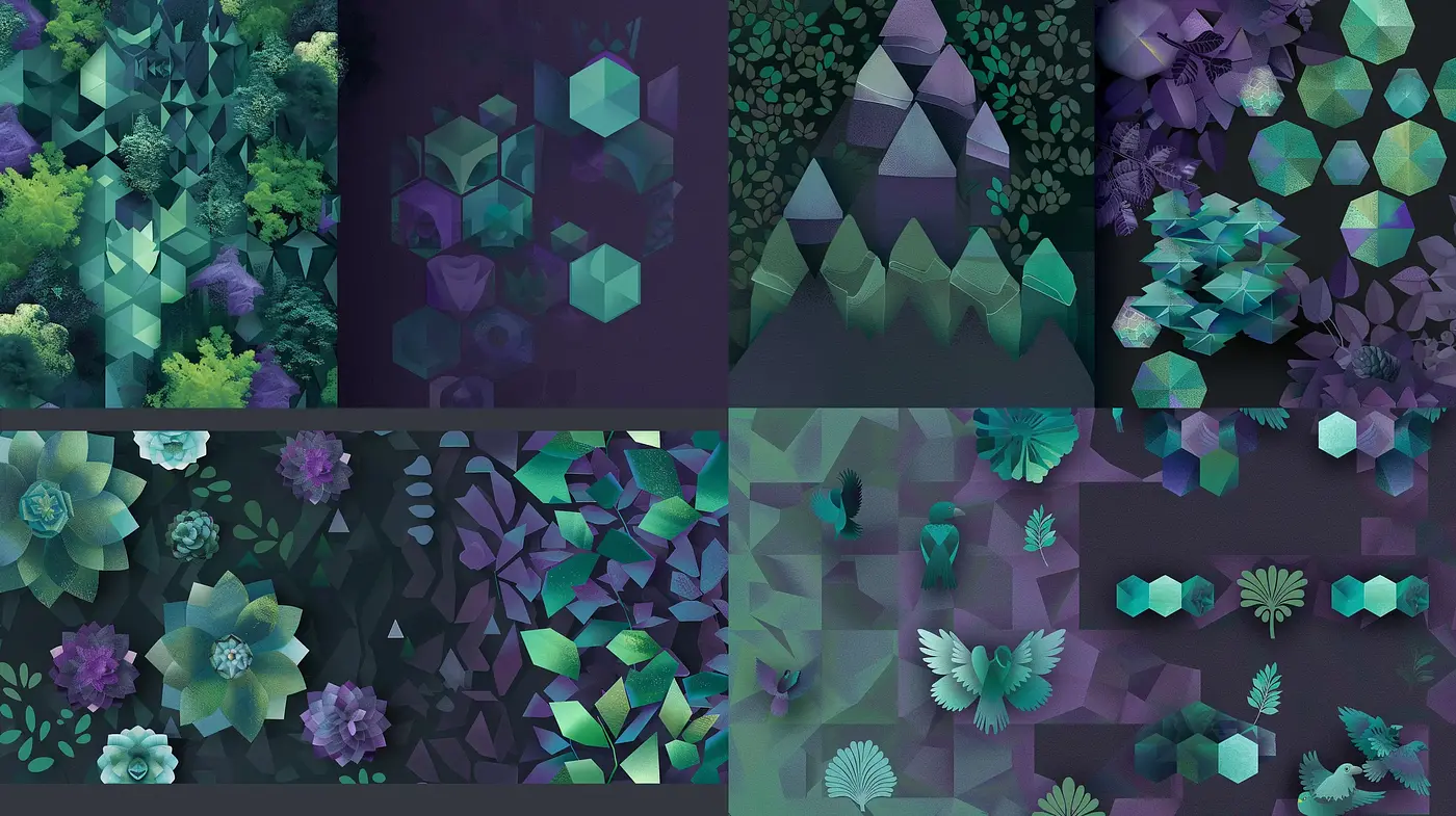 Ethereal Geometric Garden: A Study in Jade and Amethyst Tones - Midjourney sref style
