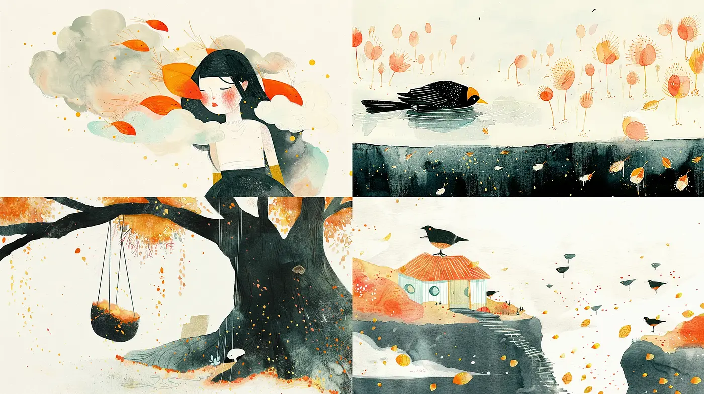 Whimsical Autumn Harmony in Watercolor and Ink - Midjourney sref style