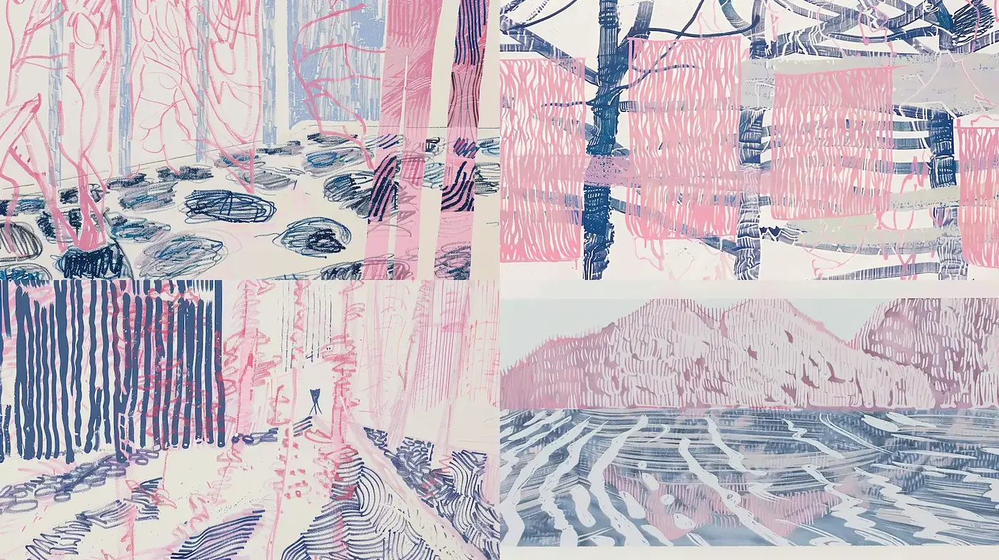 Ethereal Landscape with Abstract Line Art and Pastel Tones - Midjourney sref style