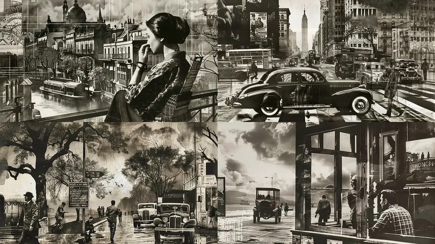 Monochromatic Nostalgia: An Homage to Vintage Urban Life and Sepia Film Aesthetics - Midjourney sref style