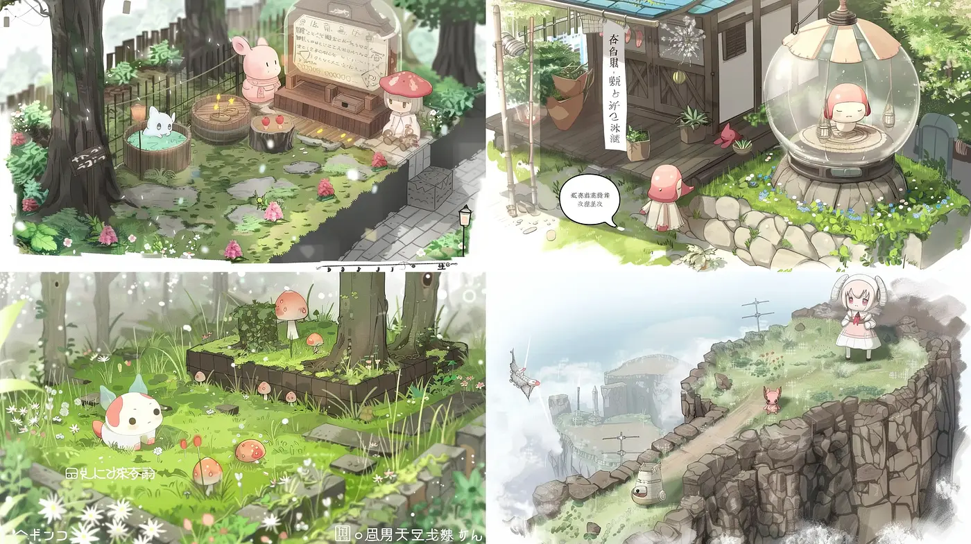 Serene Pastoral Fantasy: A Whimsical Anime-Inspired Dreamscape - Midjourney sref style