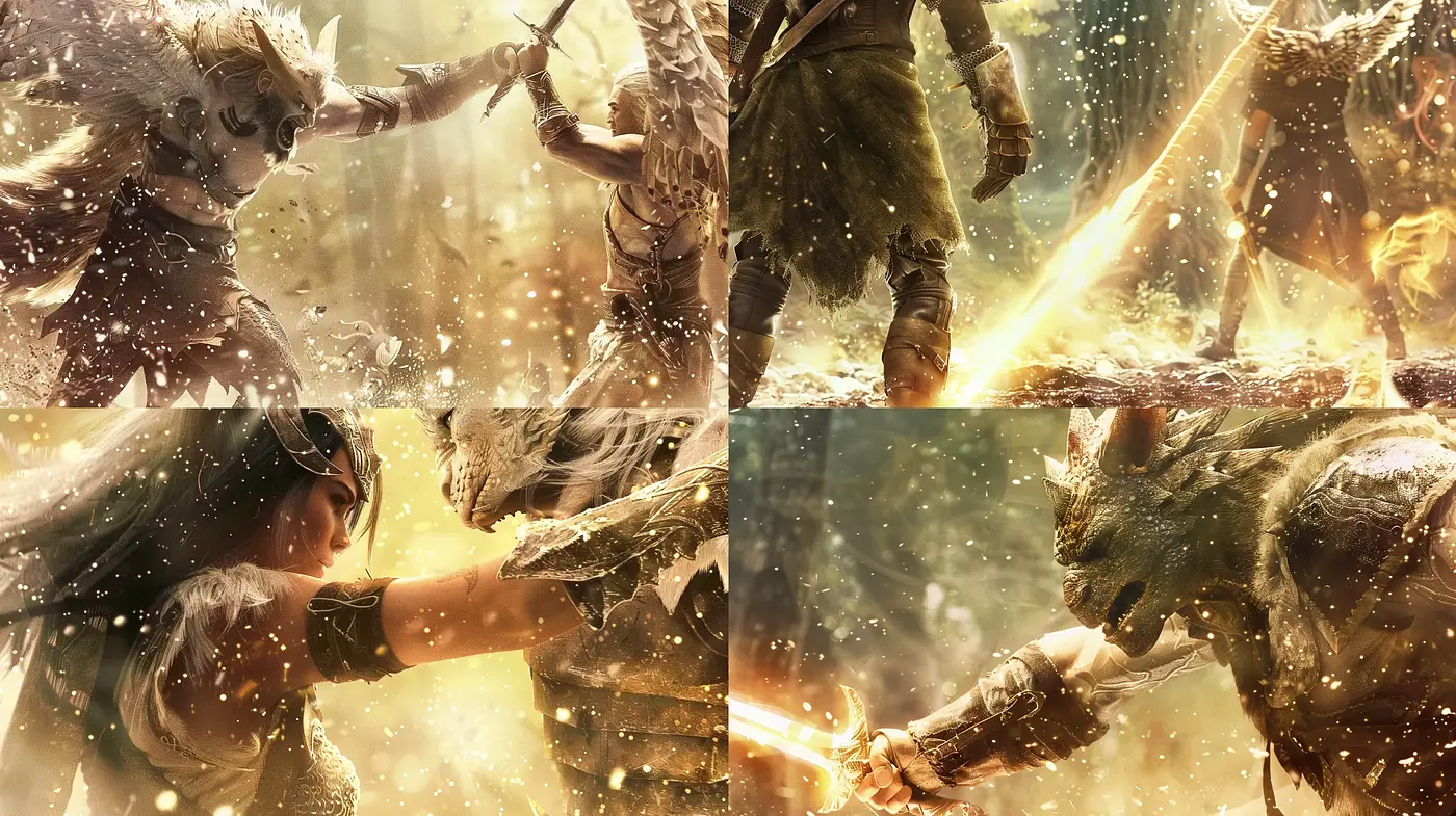 Epic Cinematic Fantasy Battle with a Golden Haze - Midjourney sref style