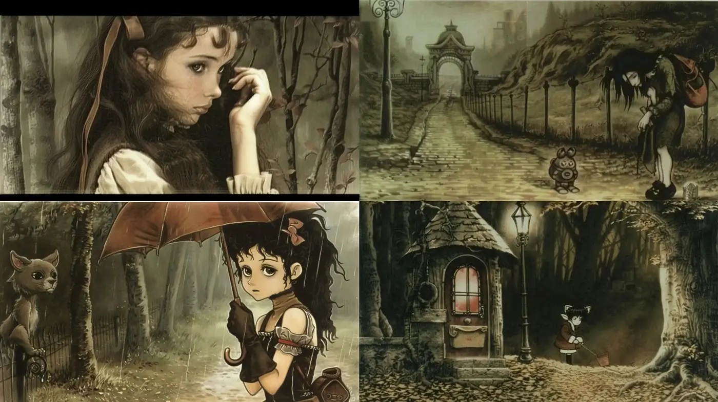 Enigmatic Sepia-toned Fantasia: A Whimsical Journey through Stylized Illustration - Midjourney sref style