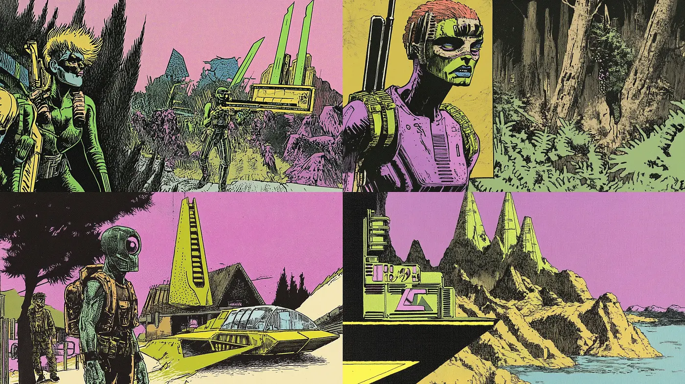 Retrofuturistic Synthwave Panorama Illustrations - Midjourney sref style