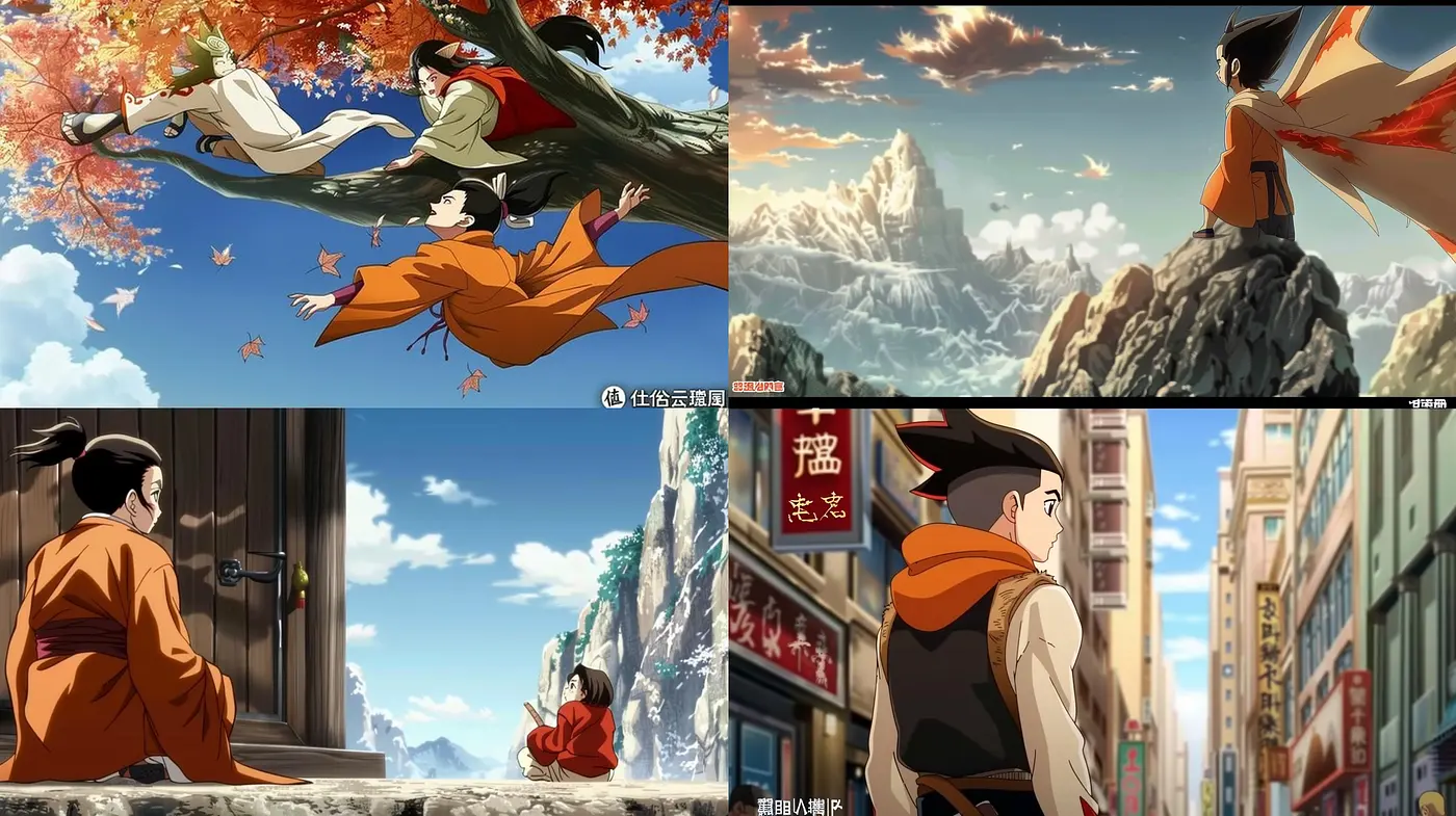Ethereal Autumn Hues in Dynamic Anime-Inspired Panoramas - Midjourney sref style