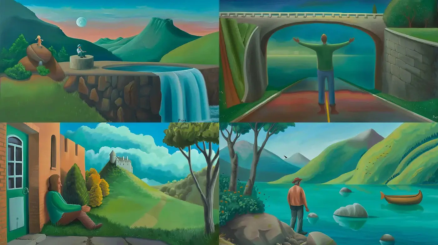 Serene landscapes with a dreamy and whimsical touch - Midjourney sref style